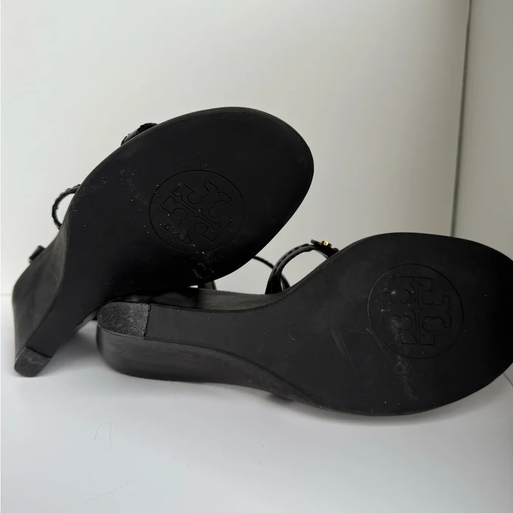 Tory Burch Black Leather Miller Logo Wedge Ankle Strap Sandals Size‎ 7M